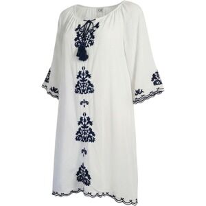 Chic Connection White Navy Embroidered Boho Tunic Dress Small Bell Sleeve Tassel